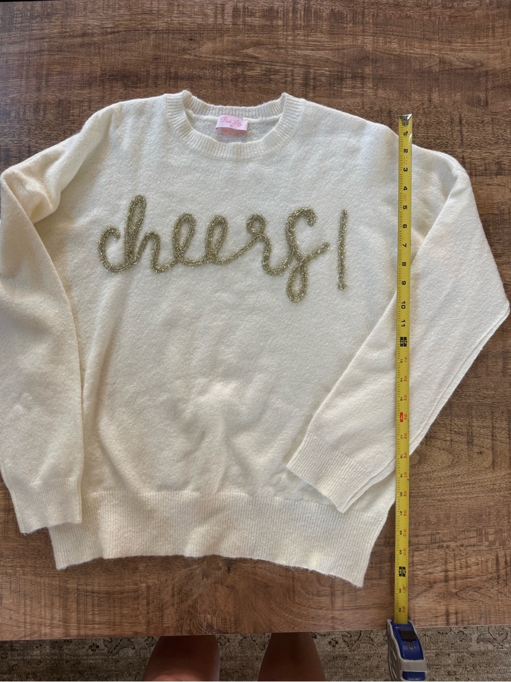Pink Lily Cream Sweater with Metallic Gold 'cheers!' Script